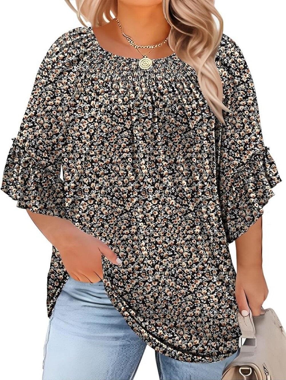🌸 Micoson Black Floral Smocked Peasant Tunic Blouse 3/4 Ruffle Sleeve Plus Size